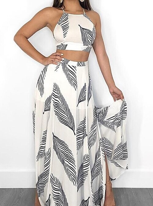 Women's Crop Top Tank Top Skirt Sets, Color: White