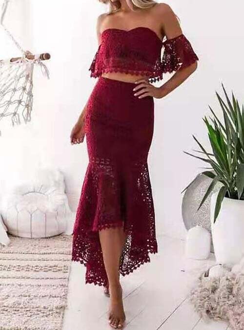Women's Crop Top Skirt Sets, Color: Wine