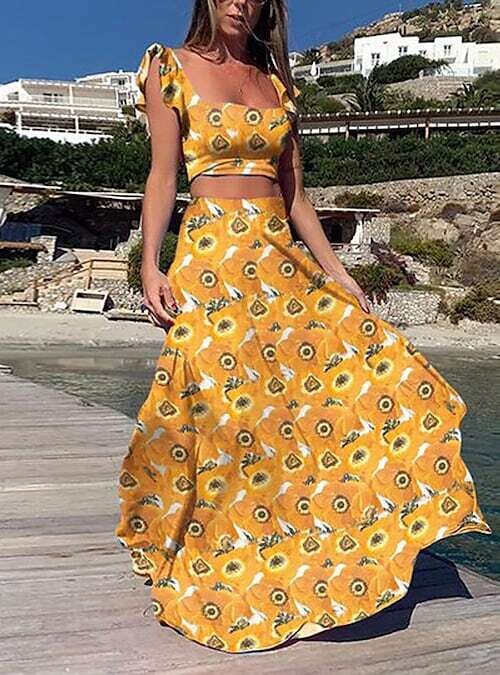 Women's Crop Top Tank Top Skirt Sets, Color: Yellow