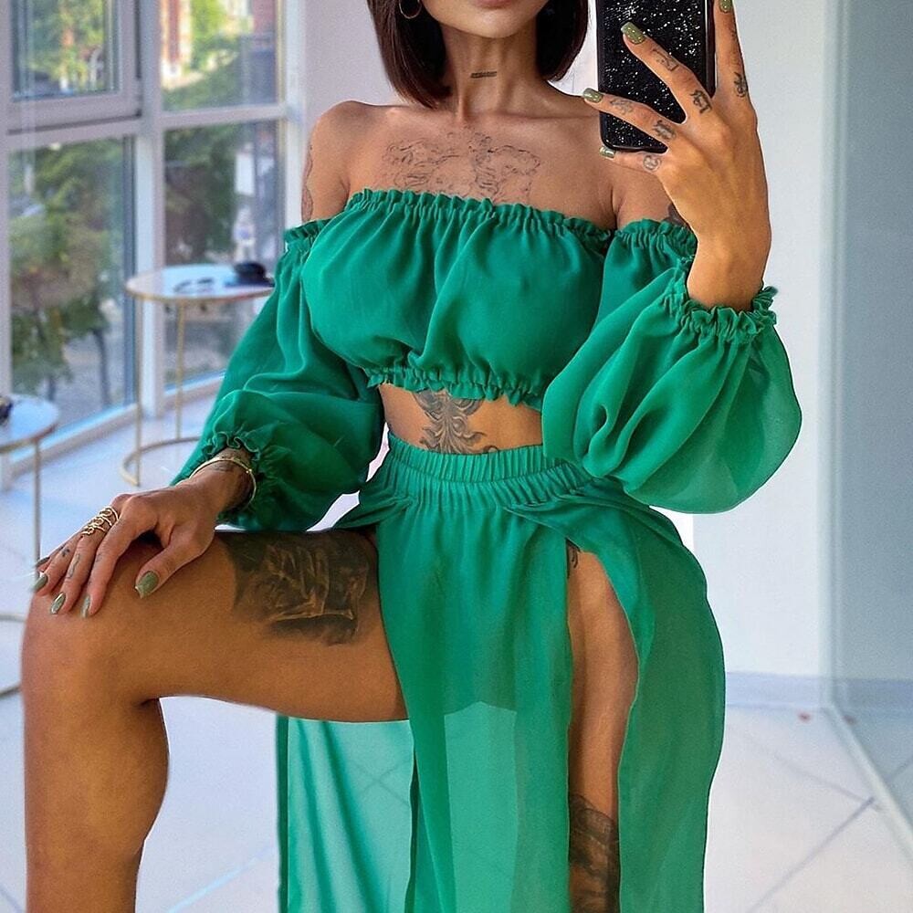 Women's Crop Top Blouse Skirt Sets, Color: Dusty Rose