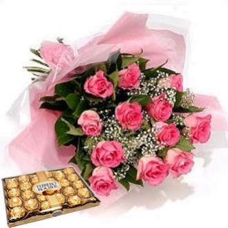 Bouquet com rosas nacionais, bombom Ferreiro Rochê