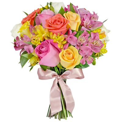 Bouquet de noiva com rosa de exportação e astromélias