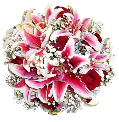 Bouquet de noiva de lírios com chuva de prata e rosas vermelhas