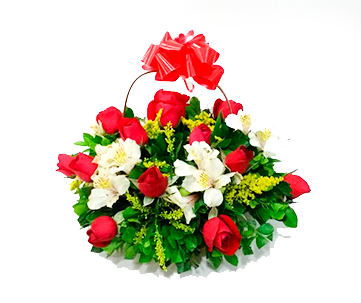 Cesta de Rosas Vermelhas com Astromelia