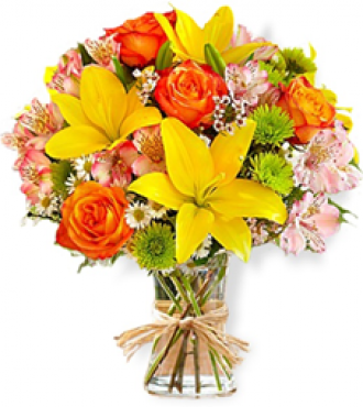 Bouquet Rosas Corais, Lírios Amarelos e Astromélia Rosa