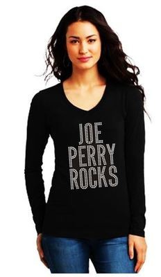 JOE PERRY ROCKS BLING LONG SLEEVE LADIES V NECK
