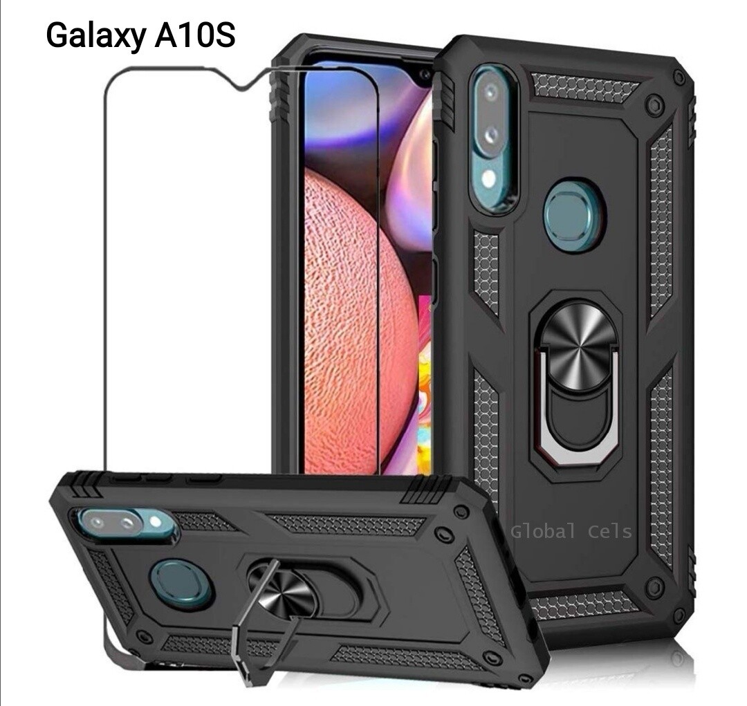 Case Galaxy A10S c/ Vidrio Templado c/ Parador Anillo Metal - Negro