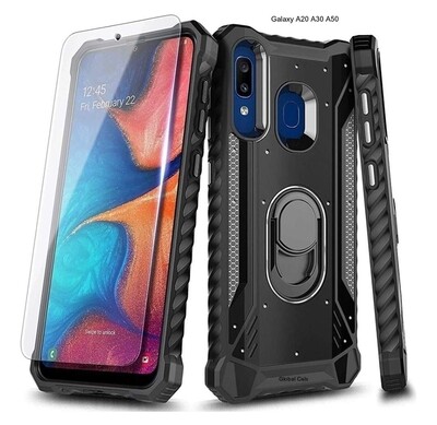 Case Protector Galaxy A30 / A20 c/ Vidrio T. c/ Anillo Parante Metal Negro Case Protector Galaxy A30 / A20 c/ Vidrio T. c/ Anillo Parante Metal Negro