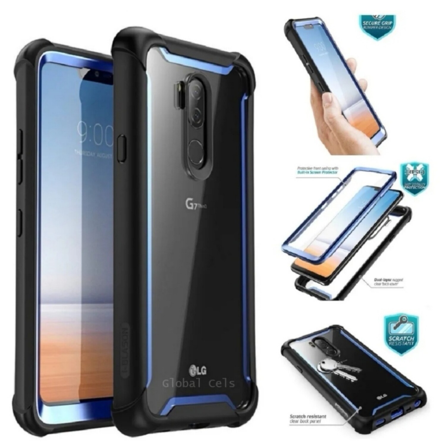 Case Funda LG G7 ThinQ i-Blason Ares USA Rígida transparente con protector de pantalla Azul