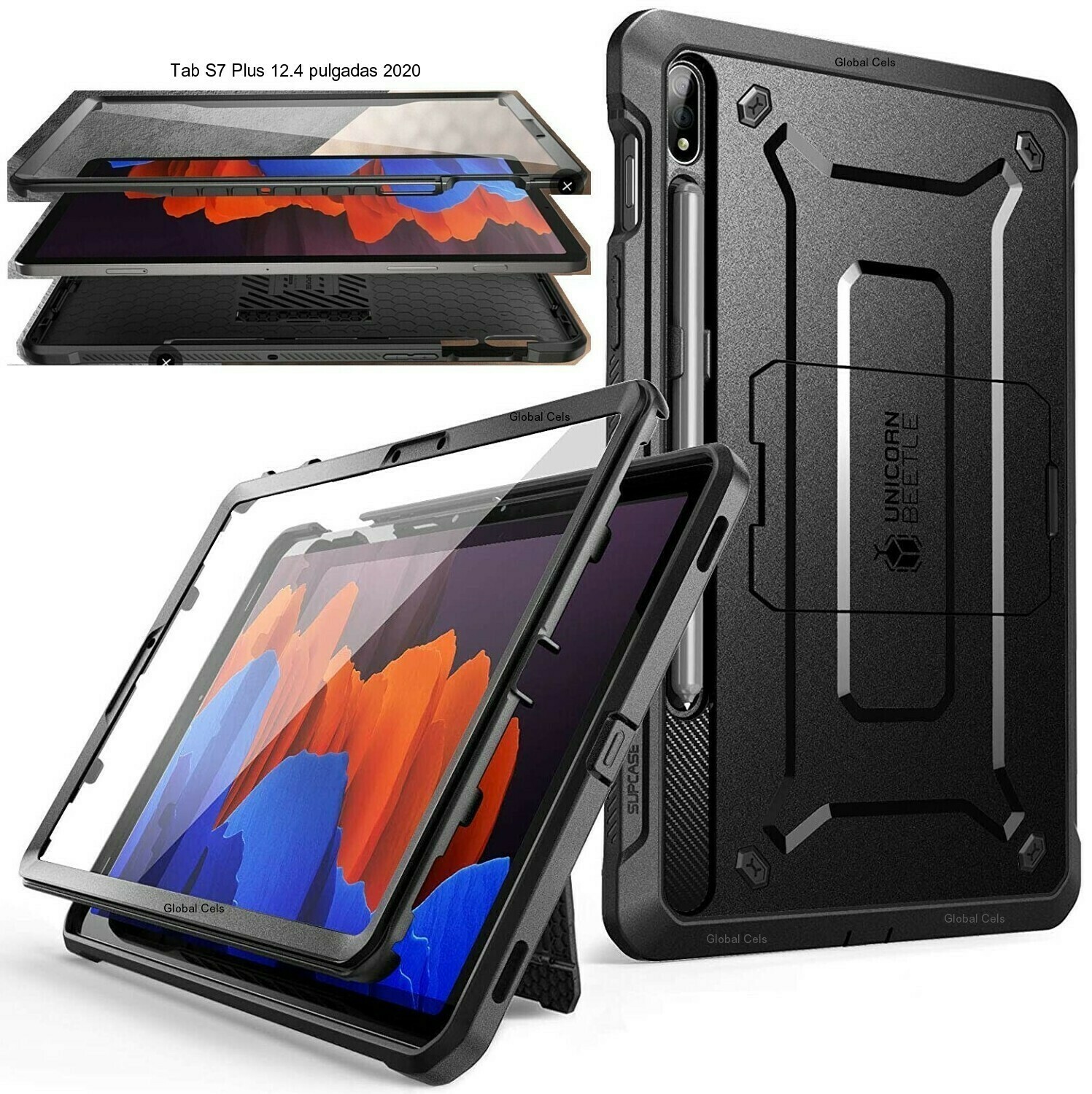 Case Protector Galaxy Tab S7 Plus 12.4 pulgadas 2020 Negro c/ Parante c/ Mica