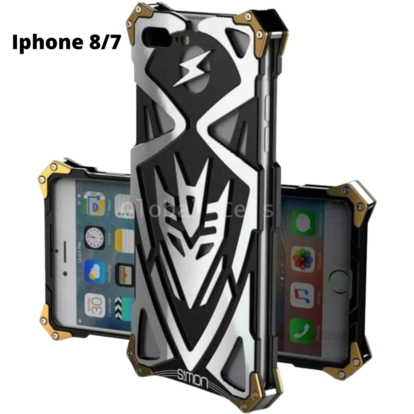 Case IPhone 8 / IPhone 7 Metálico con 16 pernos modelo: Thor de 2 planchas - Plateado Negro Dorado