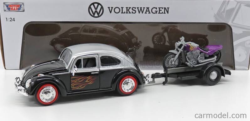 Volkswagen Beetle con remolque y motocicleta