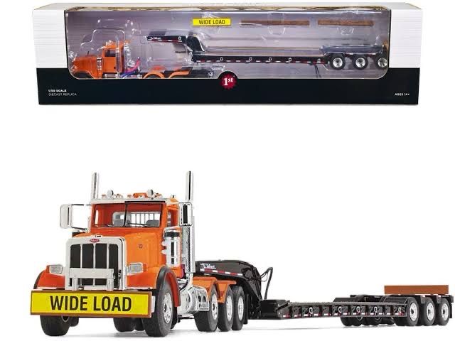 Peterbilt 367 Day Cab Bright Orange and Talbert 55SA Tri-Axle Lowboy Trailer Black Peterbilt 367 Day Cab Bright Orange and Talbert 55SA Tri-Axle Lowboy Trailer Black