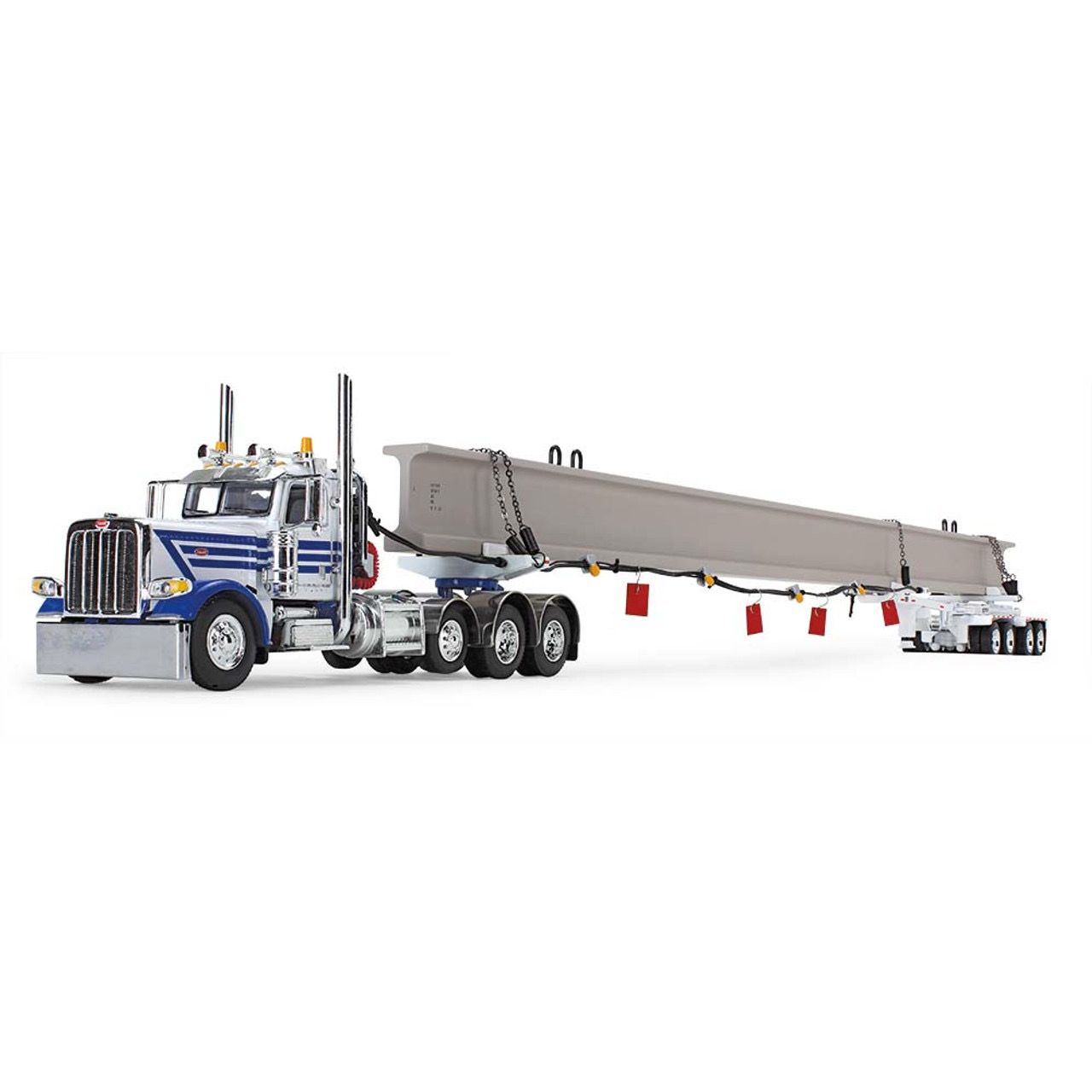 Peterbilt 389 Day Cab and ERMC 4-Axle Hydra-Steer Trailer with Bridge Beam Section Load White and Blue