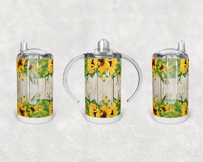 12oz Stainless Steel Kids Sippy Cup - Wood Sunflower Design