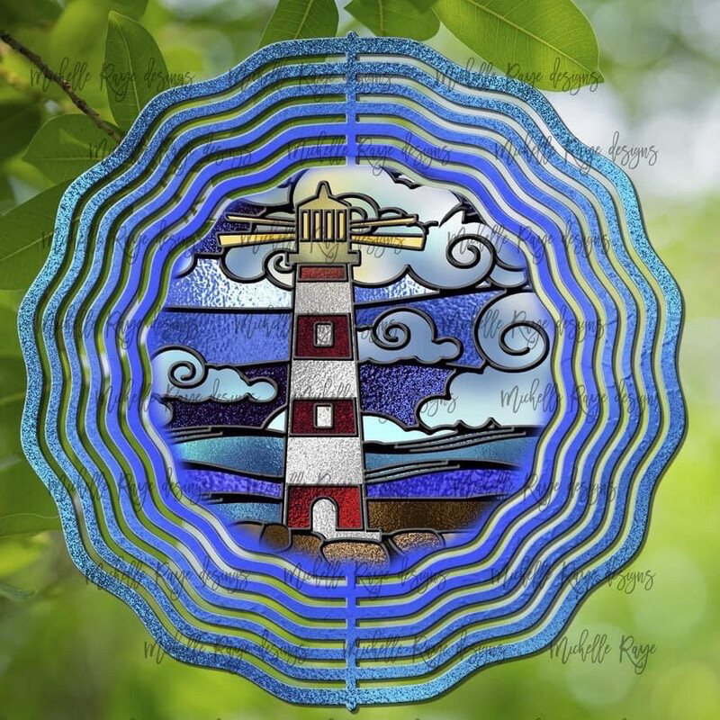 10” Aluminum Lighthouse Stained Glass Wind Wind Spinner