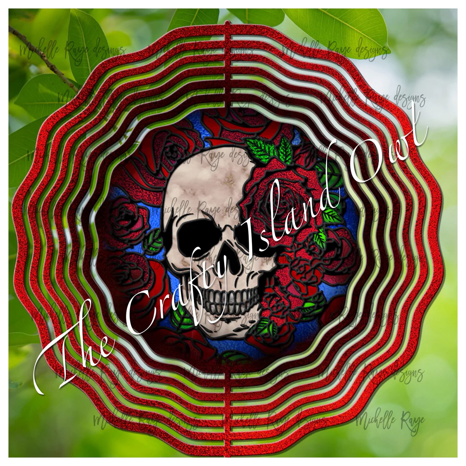 10” Aluminum Skull Red Rose Wind Spinner