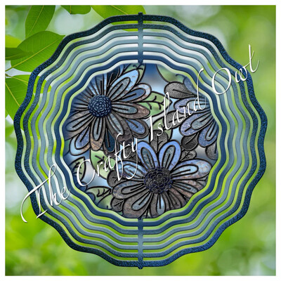 10” Aluminum Blue Gray Flowers Stained Glass Wind Spinner