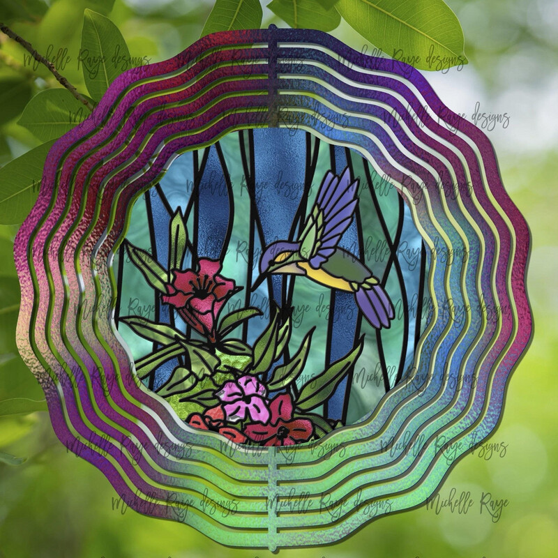 10” Aluminum Hummingbird Stained Glass Wind Spinner