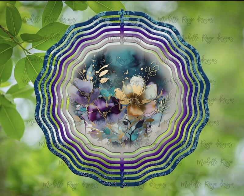 10” Aluminum Purple Teal Boho Floral Wind Spinner