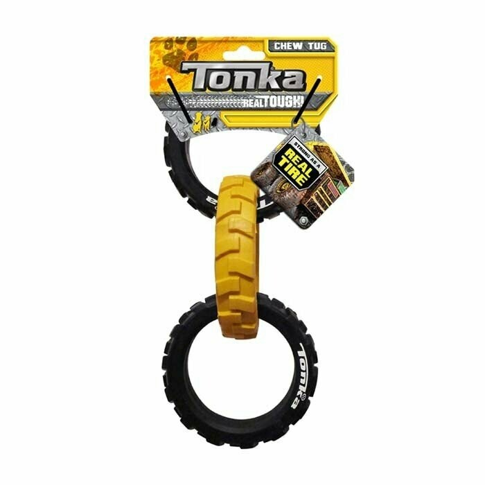 Tonka Flex Tread 3 Ring Tug Dog Toy Black Yellow 26cm