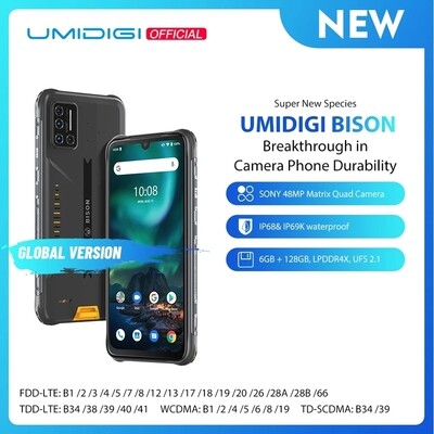 UMIDIGI BISON IP68/IP69K Waterproof Rugged Phone 48MP Matrix Quad Camera 6.3" FHD+ Display 8GB+128GB NFC Android 10 Smartphone
