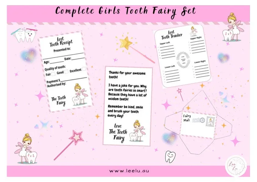 Complete Printable Mini Tooth Fairy Set with envelope Girl