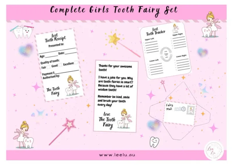 Complete Printable Mini Tooth Fairy Set with envelope Girl