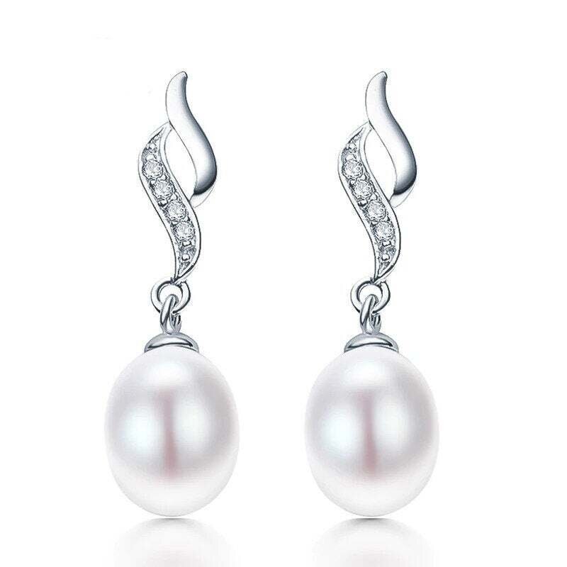 Ekaterina X - Silver Freshwater Pearl Diamond Drop Earrings - Bridal gift