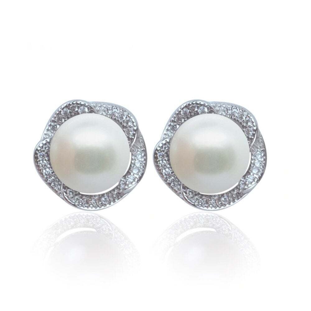 Ella X - Real Freshwater Pearl Silver Stud Earrings - Bridal gift
