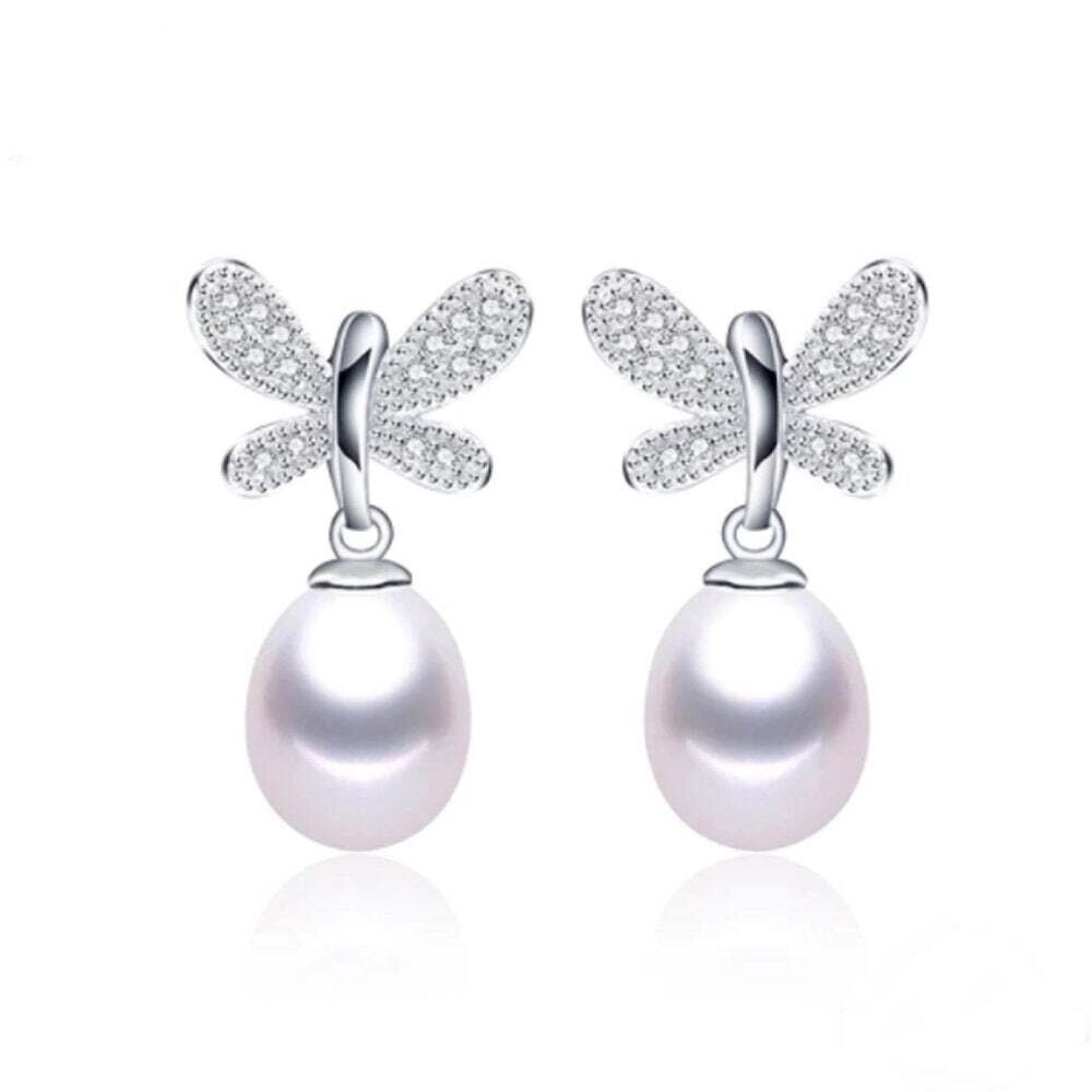 Vanessa X - Butterfly White Pearl Silver Drop Earrings
