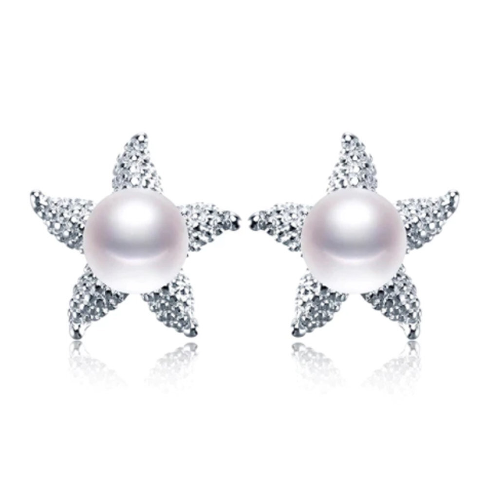 Stela X - Real Sterling Silver Freshwater Pearl Star Stud Earrings