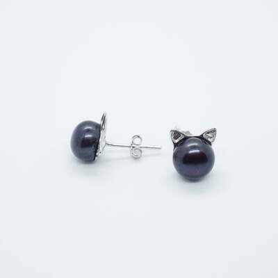 Minimalist Tiny Cat Black Pearl Silver Stud Earrings for Cat Lover Best Friend Gift