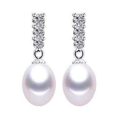 Catalina X - White Pearl Drop Silver Earrings with 3 crystals