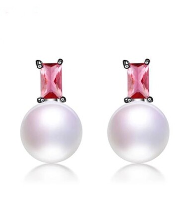 Claudia X - White Pearl Red Crystal Silver Stud Earrings