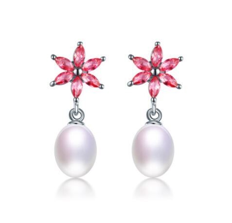 Lily X - White Pearl Silver Stud Earrings with flower shaped crystals