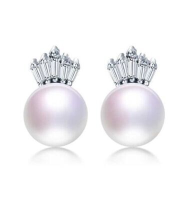 Reya X - White Pearl Crown Shaped Stud Earrings with Crystals