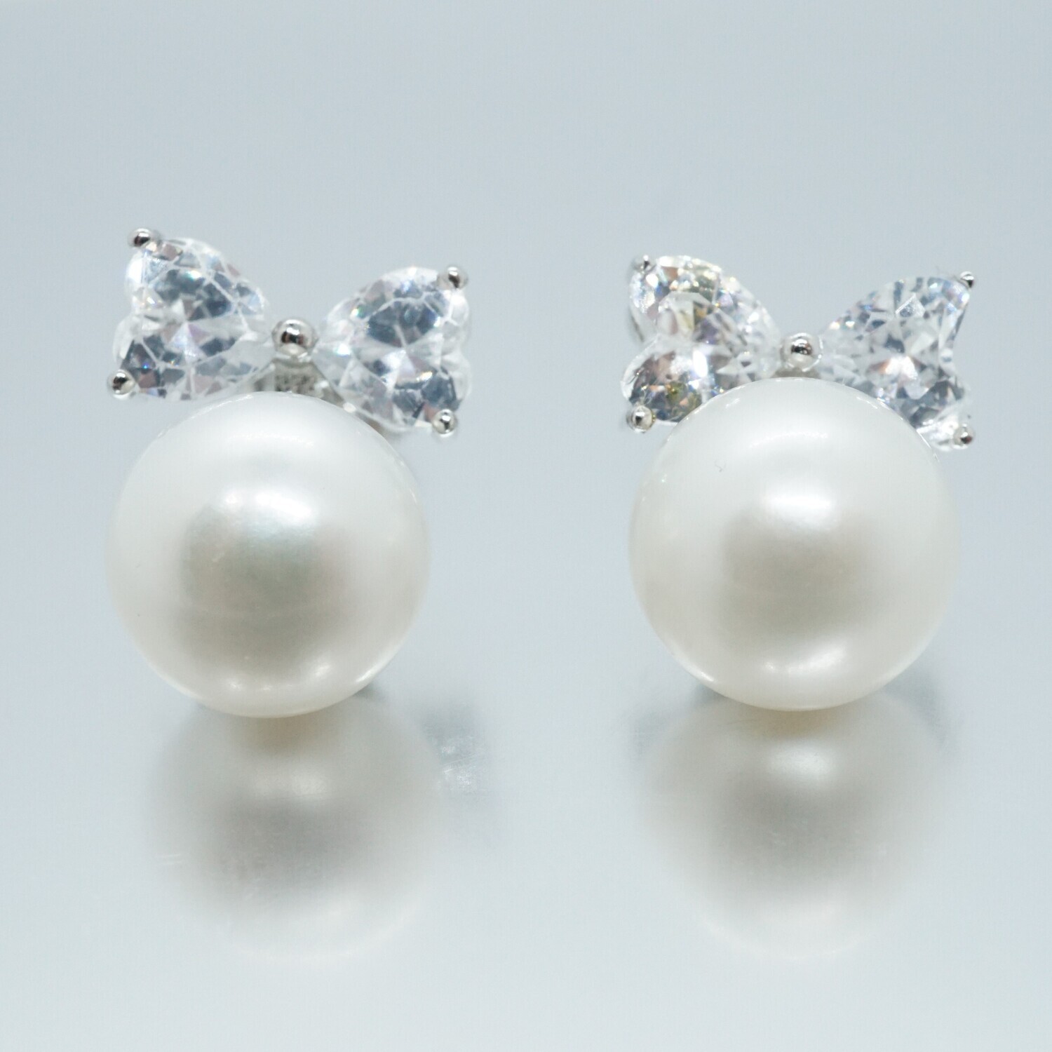 Ribbon X - Pearl Crystal Silver Stud Earrings - Wedding Earrings