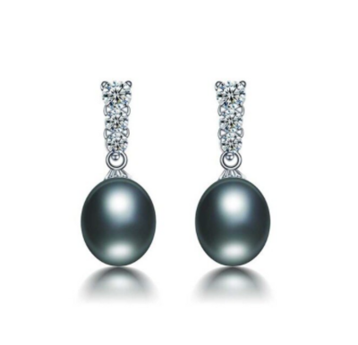 Catalina X - Black Pearl Drop Silver Earrings with 3 crystals