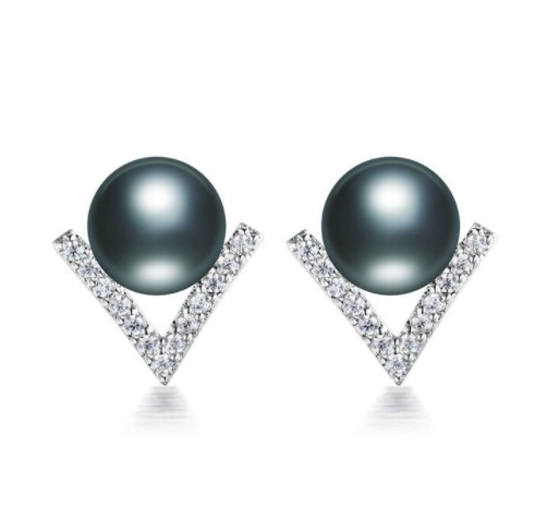 Valentina X - Black Pearl V-Shaped Stud Earrings