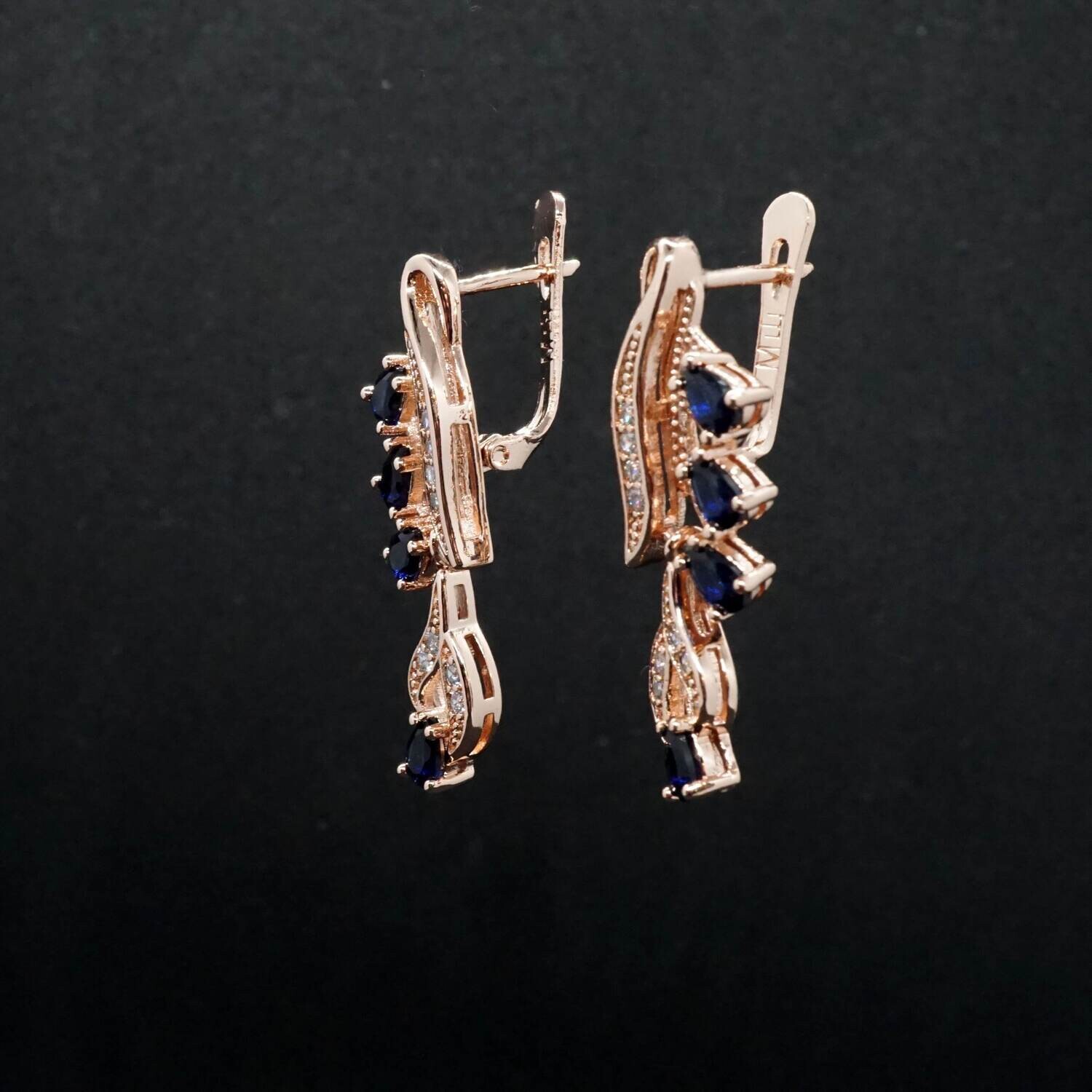 Lena X - Blue Sapphire Crystal Rose Gold Drop Earrings