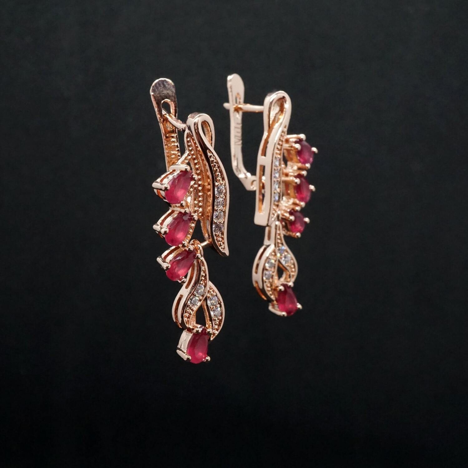 Lena X - Rose Gold Red Ruby Drop Earrings