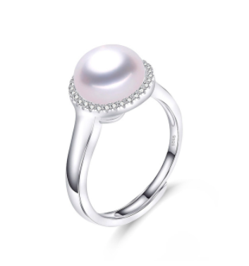 Mila X - White Pearl Freshwater Round Ring with Crystals