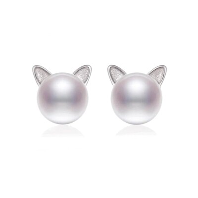 Kitty X Minimalist Tiny Cat White Pearl Stud Earrings for Cat Lover Best Friend Gift