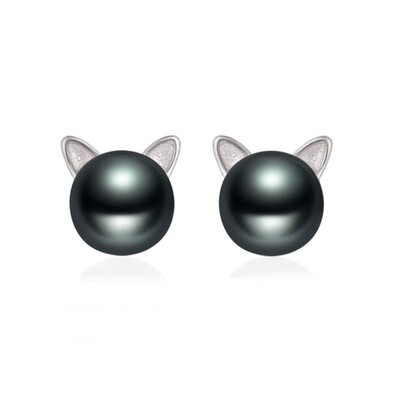 Kitty X - Minimalist Tiny Cat Black Pearl Silver Stud Earrings for Cat Lover Best Friend Gift