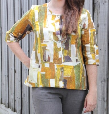 Abstract Print Hi Lo Button Front Linen Top