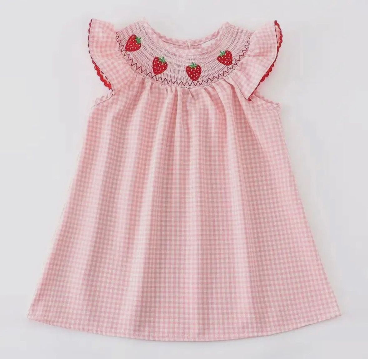 Strawberry Embroidered Plaid Smocked Dress
