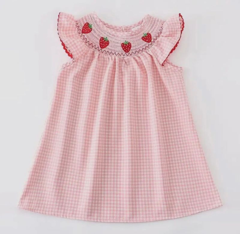Strawberry Embroidered Plaid Smocked Dress