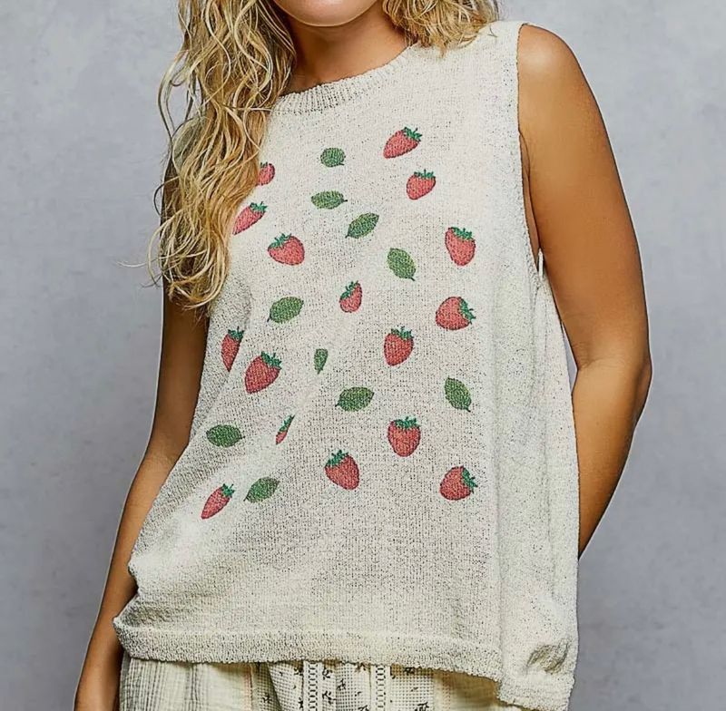 Strawberry Print Thin Sweater Sleeveless Top