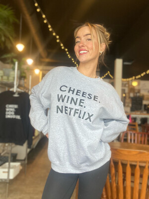 Small Cheese Wine Netflix Crewneck Sweater Gray